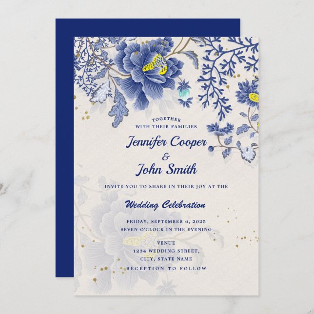 Invitation Elégant Aquarelle Bleu Floral Mariage (Devant / Derrière)