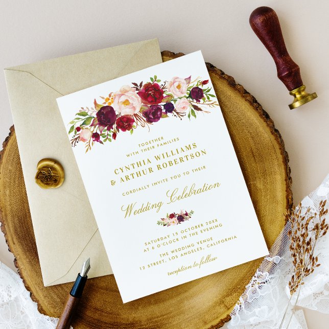 Invitation élégant aquarelle bordeaux brun mariage floral (Créateur téléchargé)