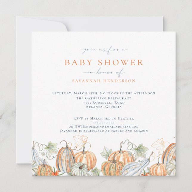 Invitation Elégant aquarelle Citrouille de chute Baby shower (Devant)