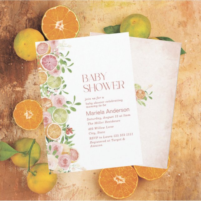 Invitation Elégant Aquarelle Citrus Fleurs roses Baby Show (Créateur téléchargé)