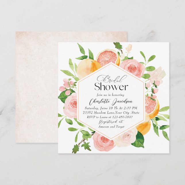 Invitation Élégant Aquarelle Citrus rose Fleurs Mondial (Devant / Derrière)