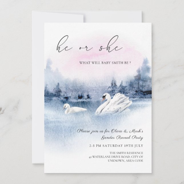 Invitation Elégant Aquarelle Cygnes Oiseau Genre Révéler Invi (Devant)