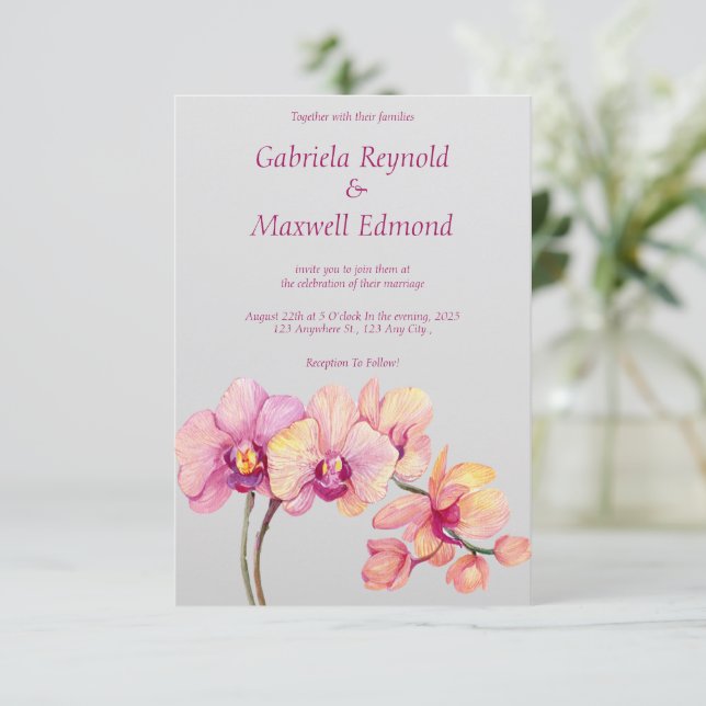 Invitation Elégant Aquarelle Fleurs Orchidées Mariage (Debout devant)