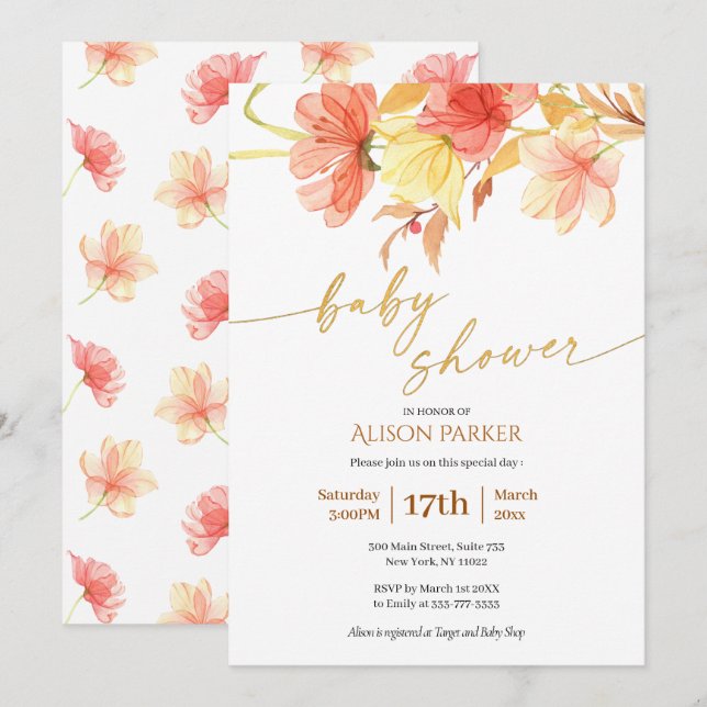Invitation Elégant Aquarelle Floral Baby shower de script or (Devant / Derrière)