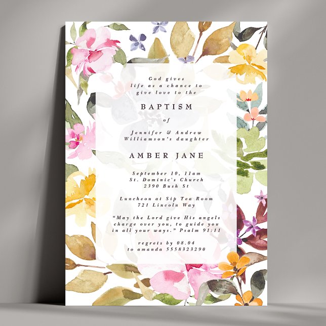 Invitation Elégant aquarelle Floral Baptême botanique (Créateur téléchargé)