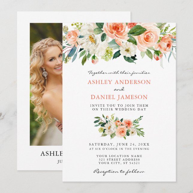Invitation Elégant aquarelle Floral Coral Mariage photo (Devant / Derrière)