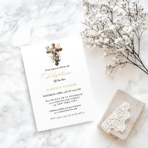 Invitation Elégant aquarelle Floral Cross Baptism