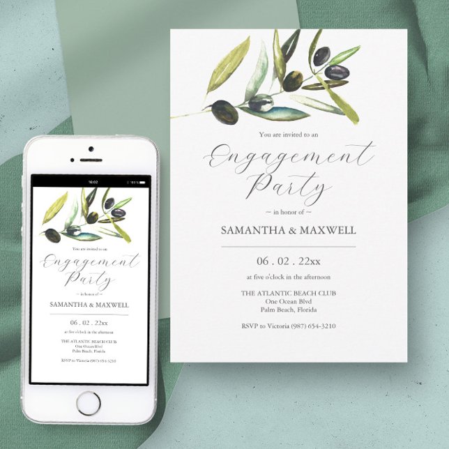 Invitation Elégant Aquarelle Green Engagement Party (engagement party evite botanical watercolor olive branch)
