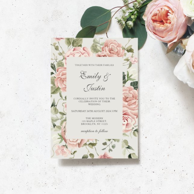 Invitation Elégant Aquarelle Jardin Bleu Rose Roses Mariage (Créateur téléchargé)