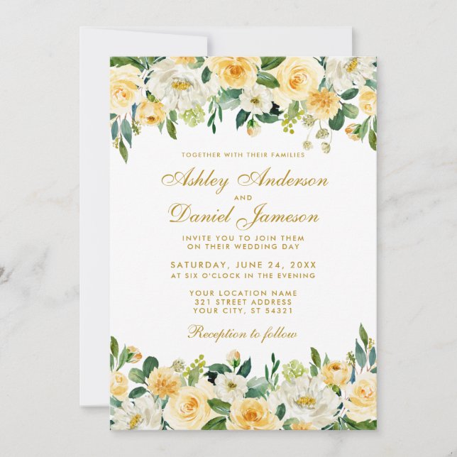 Invitation Elégant Aquarelle Jaune Mariage vert or (Devant)
