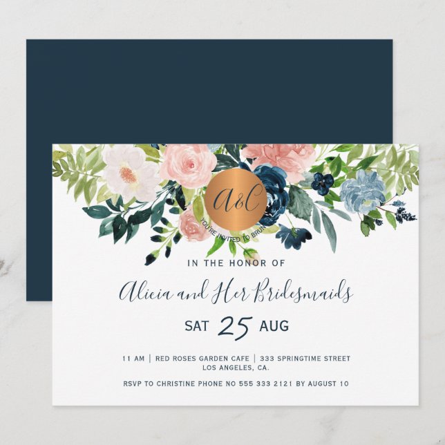 Invitation Elégant aquarelle marine floral bridesservantes br (Devant / Derrière)