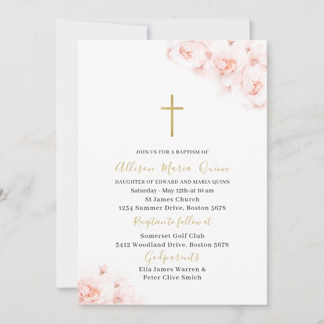 Invitation Elégant aquarelle moderne rose floral Baptême (Devant)