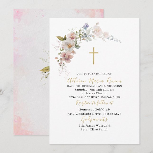 Invitation Elégant aquarelle moderne rose floral Baptême (Devant / Derrière)