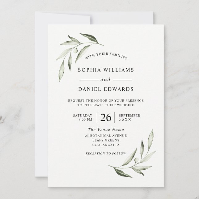 Invitation Elégant Aquarelle Olive Green Leaf Mariage (Devant)