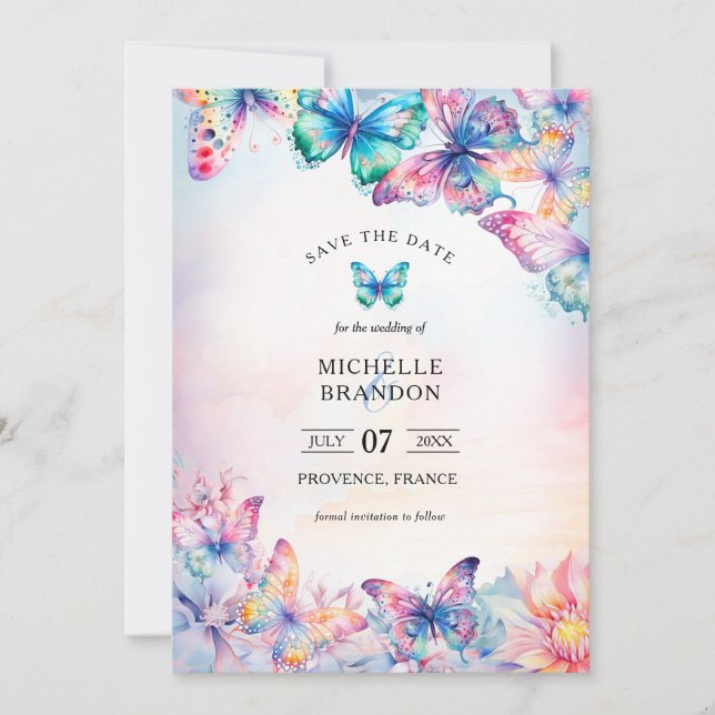 Invitation Elégant Aquarelle Papillon Fleur sauvage coloré (Devant)