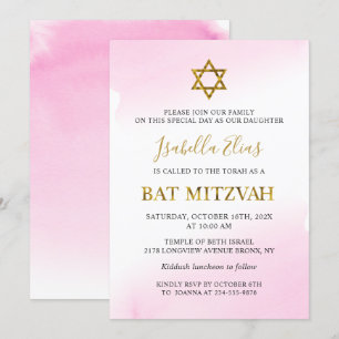 Invitation Elégant Aquarelle Pastel Pink Gold Bat mitzvah
