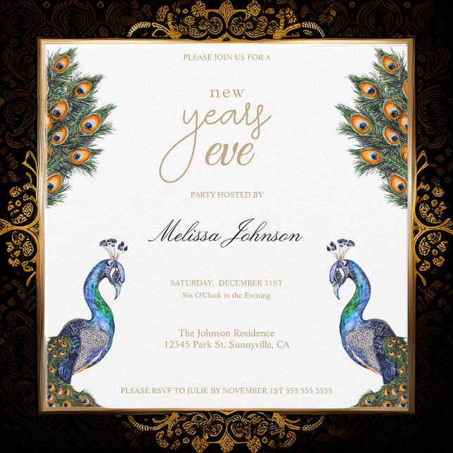 Invitation Elégant aquarelle Peacock fête de la Saint-Sylvest (Créateur téléchargé)