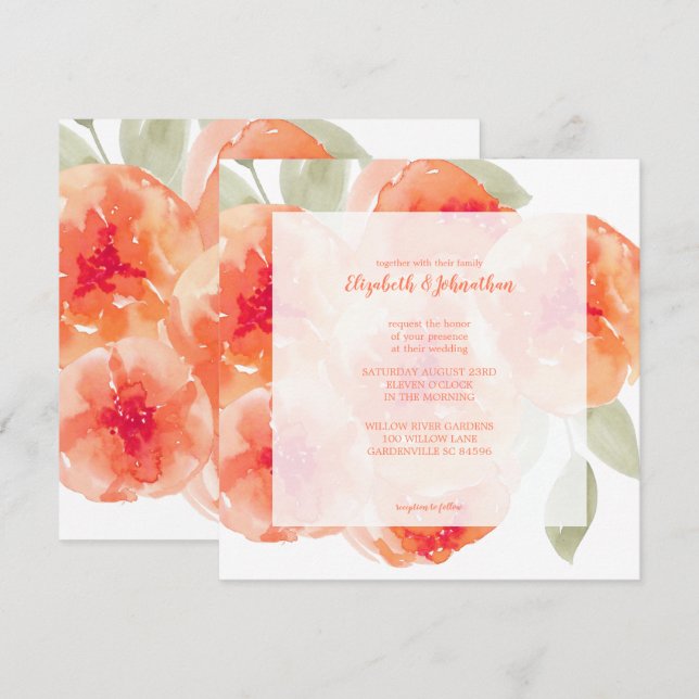 Invitation Elégant Aquarelle Pêche pivoines Floral Mariage (Devant / Derrière)