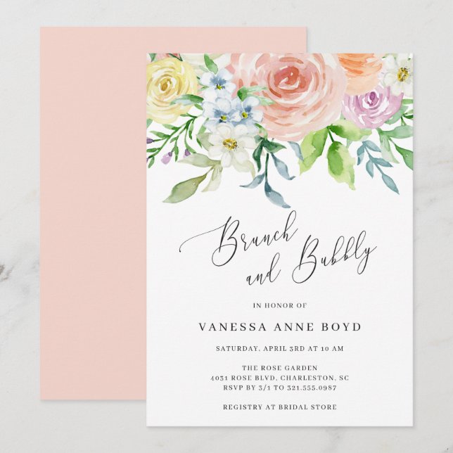 Invitation Elégant Aquarelle Pêcher Brunch Floral et Bubbly (Devant / Derrière)