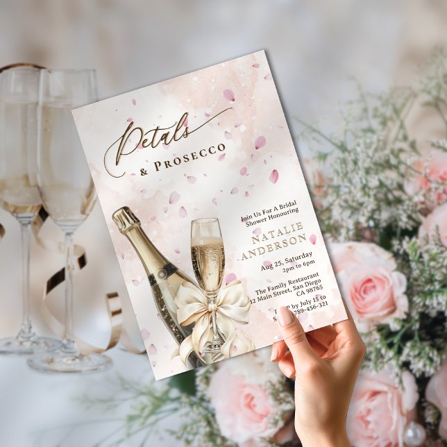 Invitation Elégant Aquarelle Pétales et Fête des mariées Pros (Elegant Watercolor Petals & Prosecco Bridal Shower Invitation)