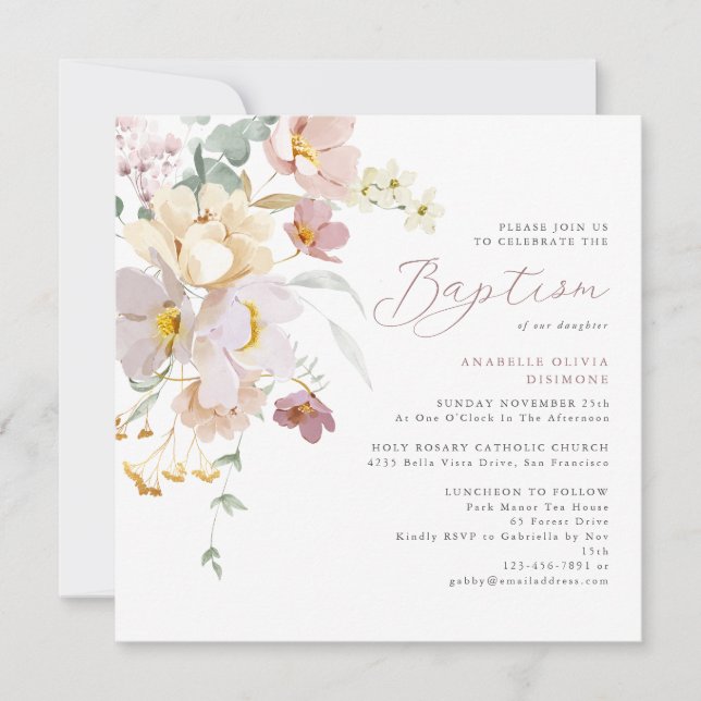 Invitation Elégant aquarelle photo florale Baptême (Devant)