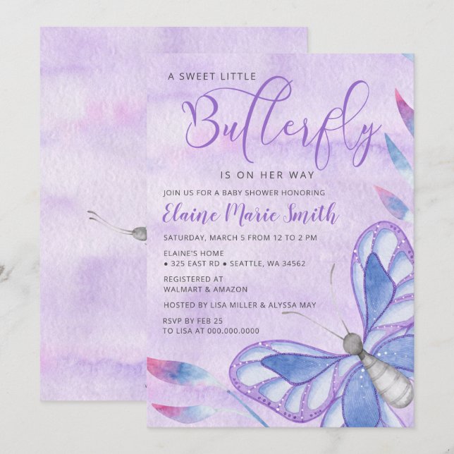 Invitation Elégant Aquarelle Purple Butterfly Baby shower (Devant / Derrière)
