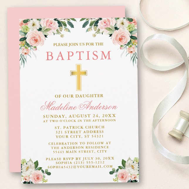 Invitation Elégant aquarelle rose blanc floral Baptême (Customize to change text color, size, style or to change color of back of card.)
