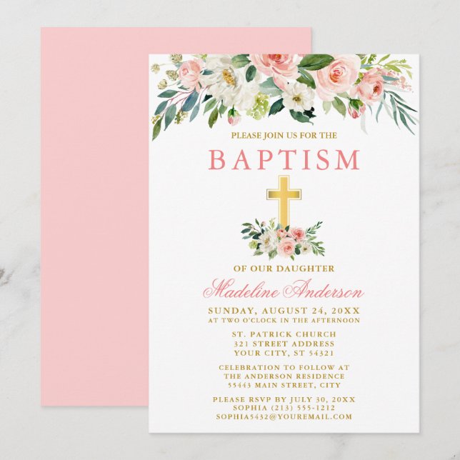 Invitation Elégant aquarelle rose blanc floral or Baptême (Devant / Derrière)