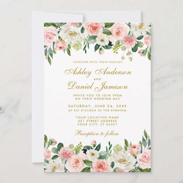 Invitation Elégant Aquarelle rose Blush Blanc Floral Mariage (Devant)