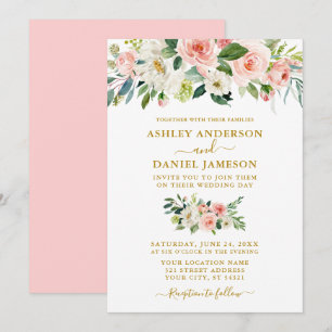 Invitation Elégant Aquarelle rose Blush Floral Mariage Or