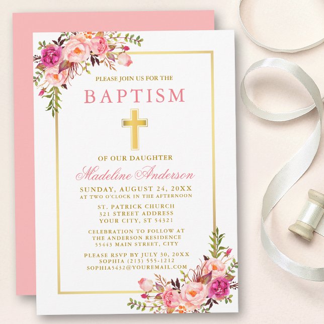 Invitation Elégant aquarelle rose floral Baptême (Customize to change text color, size, style or to change color of back of card.)