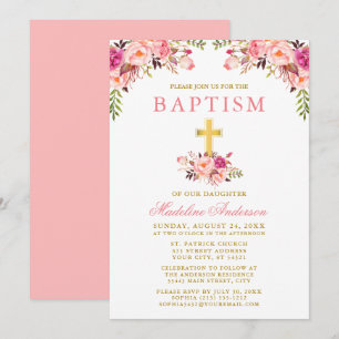 Invitation Elégant aquarelle rose floral or Baptême