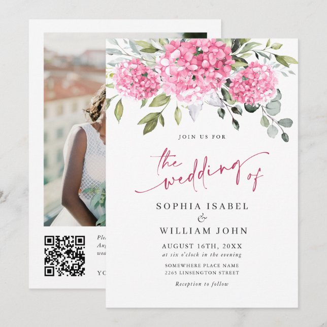 Invitation Elégant aquarelle rose Hydrangea Mariage photo (Devant / Derrière)