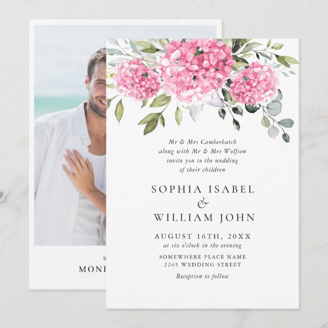 Invitation Elégant aquarelle rose Hydrangea Mariage photo (Devant / Derrière)