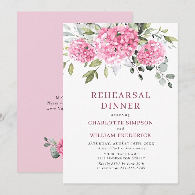 Invitation Elégant Aquarelle Rose Hydrangea Rehearsal Diner (Devant / Derrière)