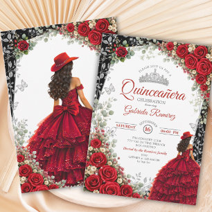 Invitation Élégant aquarelle rouge et argent pour Quinceañera
