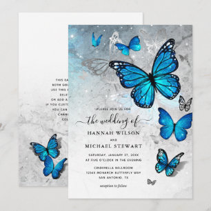 Invitation Elégant Aquarelle Silver Blue Butterfly Mariage