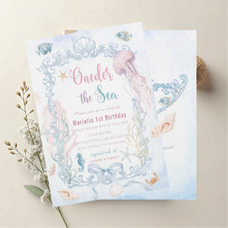 Invitation Élégant aquarelle sous la mer 1er anniversaire 