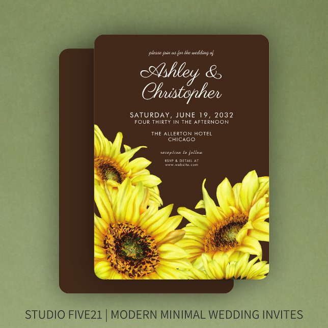 Invitation Élégant Aquarelle Tournesol Noyer Mariage Brown (Créateur téléchargé)
