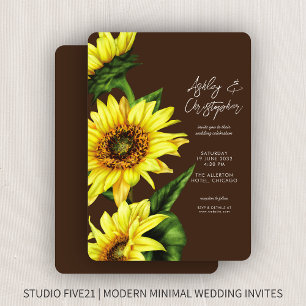 Invitation Élégant Aquarelle Tournesol Noyer Mariage Brown