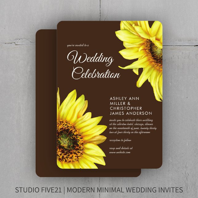 Invitation Élégant Aquarelle Tournesol Noyer Mariage Brown (Créateur téléchargé)