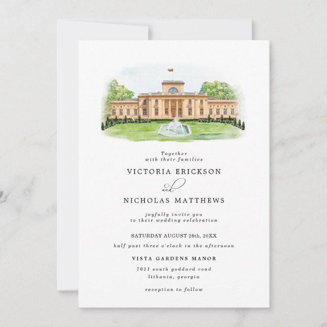 Invitation Elégant aquarelle Trakÿ Vokė Manor Mariage (Devant)