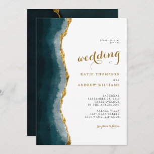 Invitation Elégant Aquarelle Turquoise Gold Agate Mariage