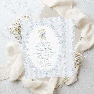 Invitation Élégant aquarelle un petit agneau noeud bleu Baby