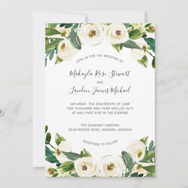 Invitation Elégant Aquarelle Verdure Blanc Floral Mariage (Devant)