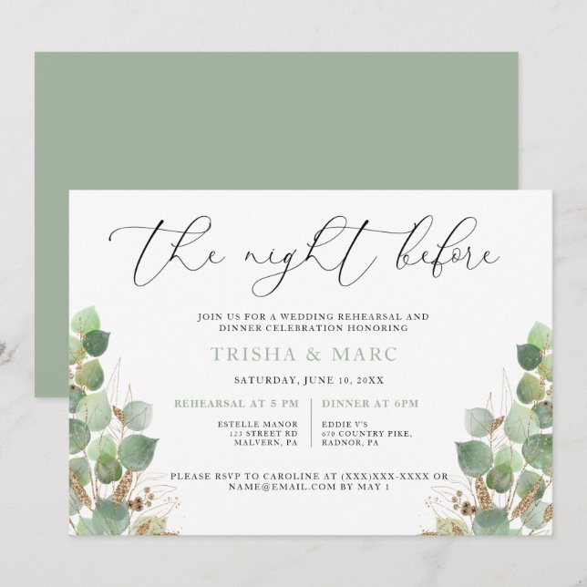 Invitation Elégant Aquarelle Verdure Dîner de répétition (Devant / Derrière)
