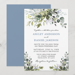 Invitation Elégant Aquarelle Verdure Dusty Blue Mariage