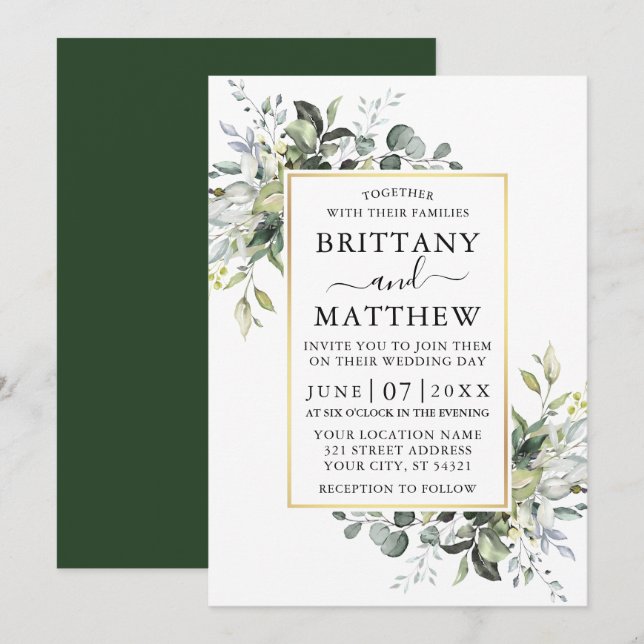 Invitation Elégant Aquarelle Verdure Mariage Gold Frame (Devant / Derrière)