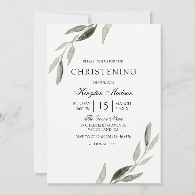 Invitation Elégant aquarelle verte feuille Christening Invita (Devant)