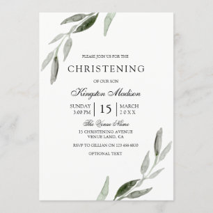 Invitation Elégant aquarelle verte feuille Christening Invita